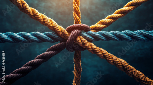 A business metaphor illustrating collective effort, integration, and unity through teamwork. The image depicts diverse ropes interwoven, symbolizing partnership synergy and cohesion, highlighting the 