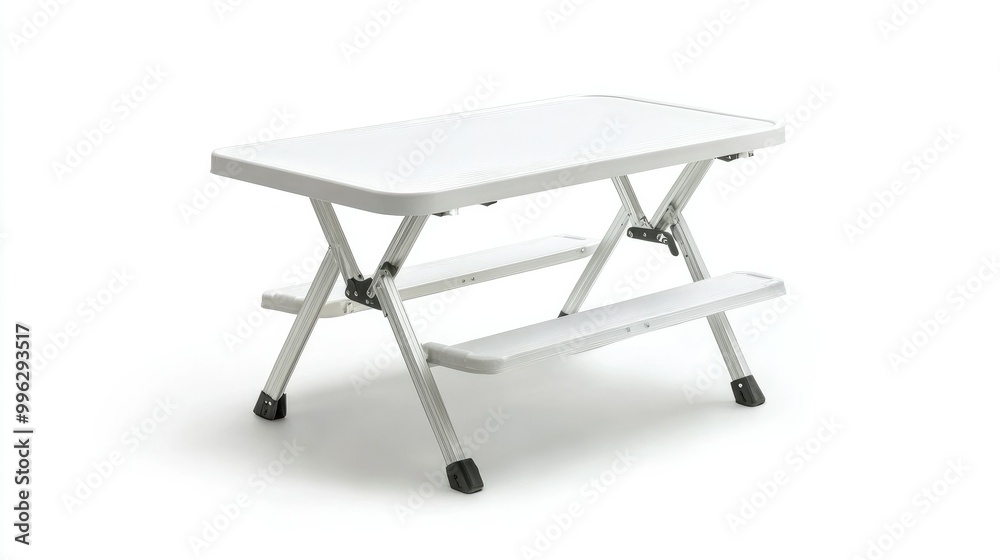 A folding picnic table with a white plastic surface, isolated on a white background, perfect for outdoor or casual settings. A folding picnic table with a white plastic surface, isolated on a white background, perfect for outdoor or casual settings.