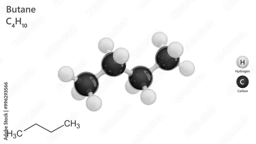 Chemical structure of Butane molecule C4H10. Butane is a colorless gas with a faint petroleum-like odor. It is used as a fuel, an aerosol propellant and to make other chemicals. 3d illustration Chemical structure of Butane molecule C4H10. Butane is a colorless gas with a faint petroleum-like odor. It is used as a fuel, an aerosol propellant and to make other chemicals. 3d illustration