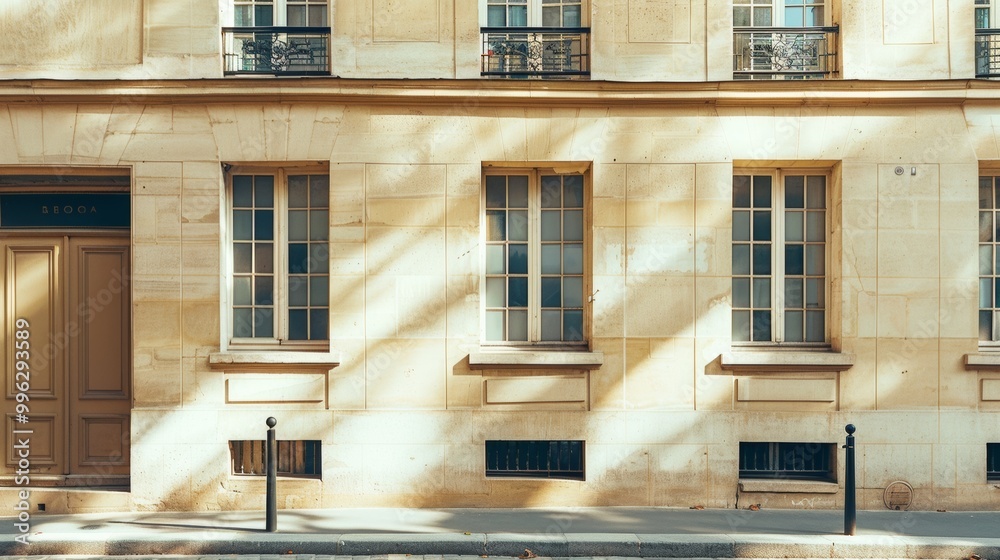 Modern Parisian building, minimalist facade, facing a wall with windows and doors, sunny afternoon light, peaceful urban scene, no people around. Modern Parisian building, minimalist facade, facing a wall with windows and doors, sunny afternoon light, peaceful urban scene, no people around.