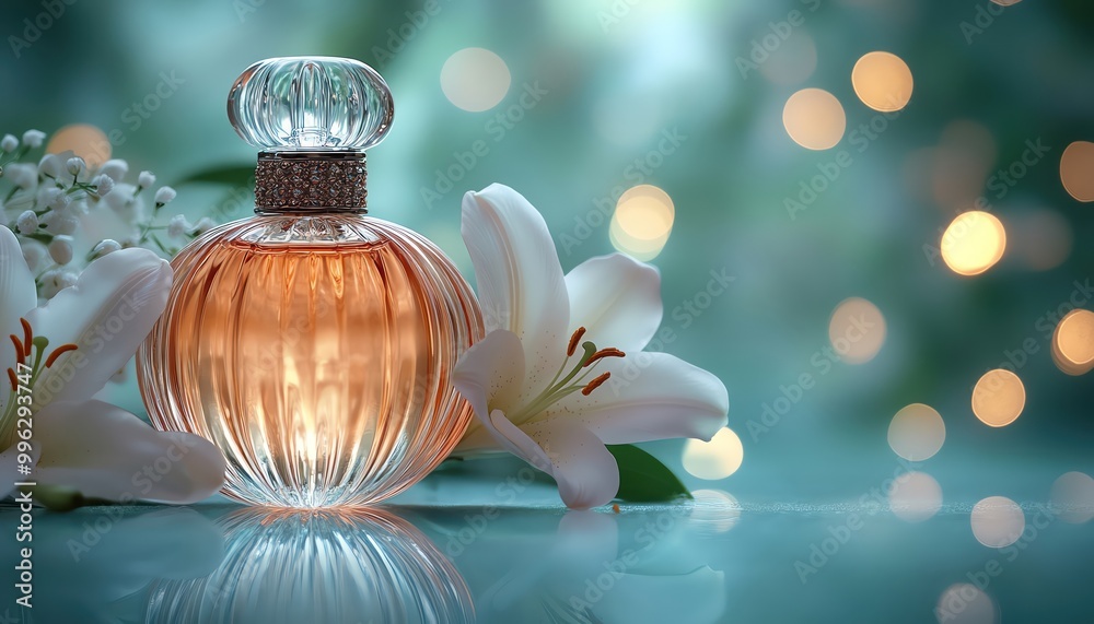 Glass perfume bottle with white lilies, glowing light reflections, and bokeh effect, soft green backdrop Glass perfume bottle with white lilies, glowing light reflections, and bokeh effect, soft green backdrop