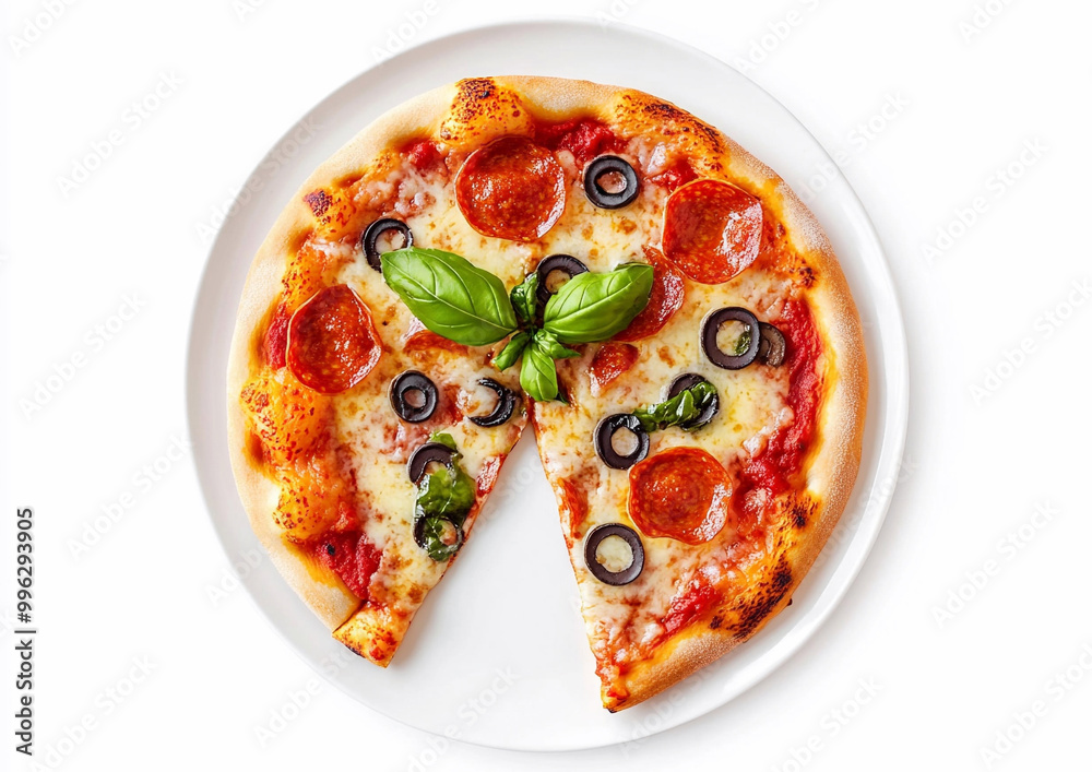 Fresh tasty pizza slice with cheese and sauce on plate on white background.Top view.AI Generative. Fresh tasty pizza slice with cheese and sauce on plate on white background.Top view.AI Generative.