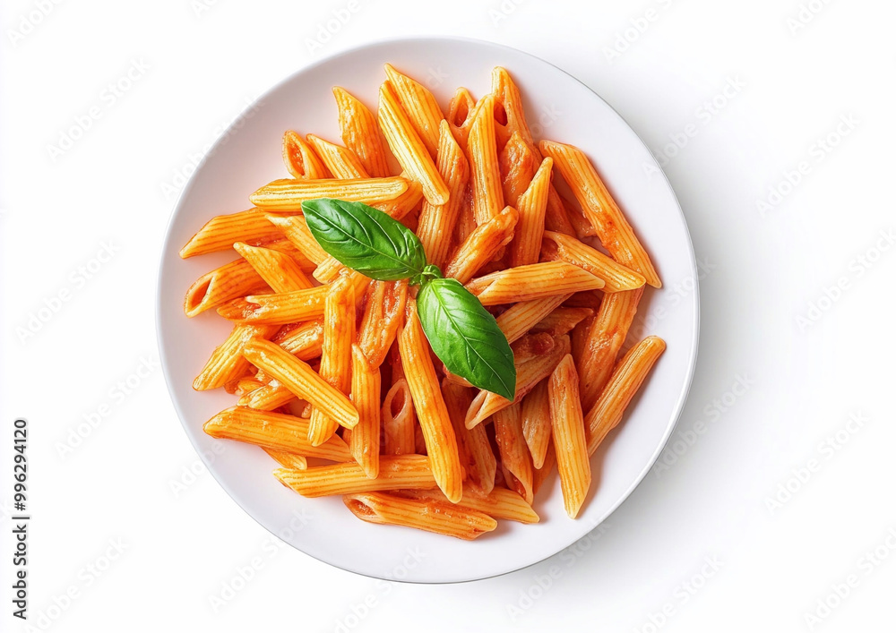 Plate with pasta and basil and tomato sauce on white background.Top view.AI Generative. Plate with pasta and basil and tomato sauce on white background.Top view.AI Generative.