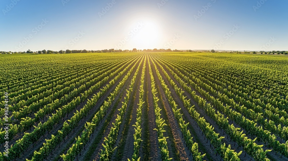 Aerial panorama of a sprawling vineyard with rows of grapevines stretching into the distance under a bright sun. Aerial panorama of a sprawling vineyard with rows of grapevines stretching into the distance under a bright sun.