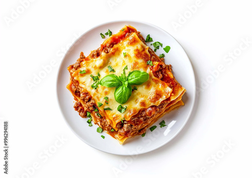 Fresh tasty classic beef lasagna with cheese and basil on plate on white background.Top view.AI Generative.