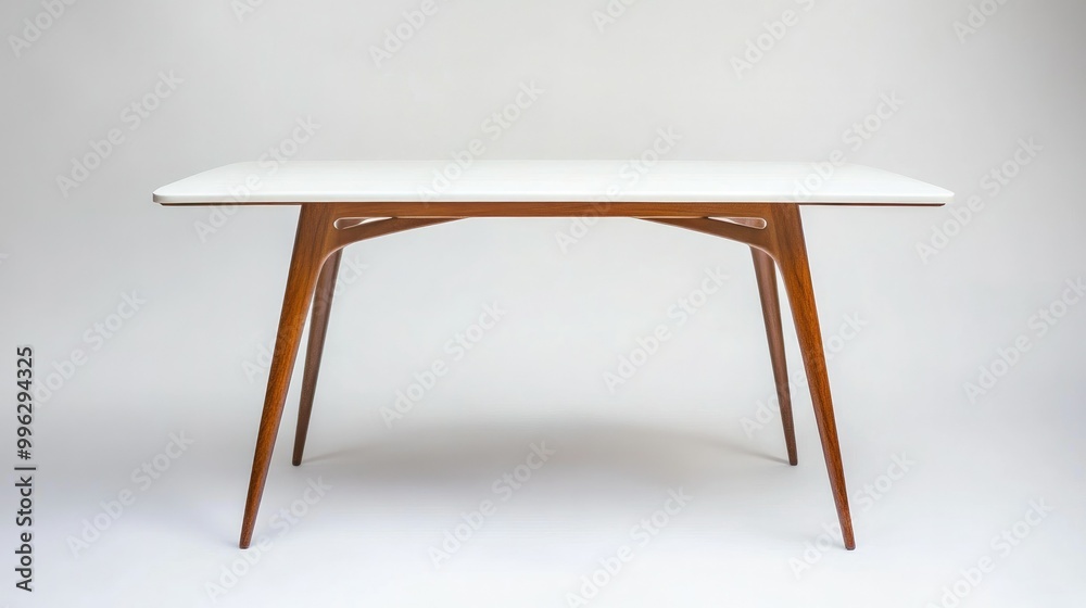 A mid-century modern table with tapered wooden legs and a clean white tabletop, placed on a white background, evoking retro design. A mid-century modern table with tapered wooden legs and a clean white tabletop, placed on a white background, evoking retro design.