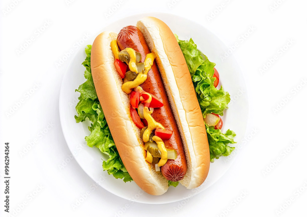 Plate with classic hot dog with vegetable and sauce and mustard on white background.Top view.AI Generative. Plate with classic hot dog with vegetable and sauce and mustard on white background.Top view.AI Generative.