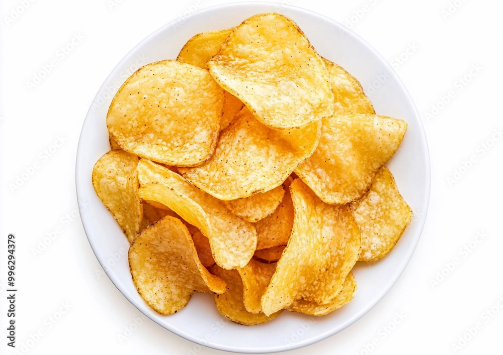Plate with classic salted potato crisps chips snack on white background.Top view.AI Generative. Plate with classic salted potato crisps chips snack on white background.Top view.AI Generative.