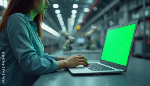 A person works on a laptop with a green screen in a dimly lit room. The scene is focused on technology and remote work.