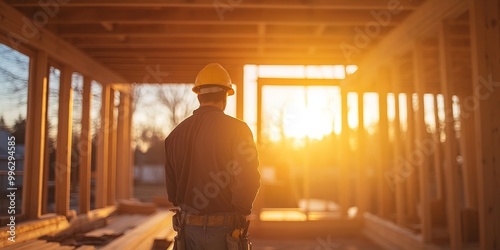 Carpenter at work crafting a wooden frame surrounded by building materials, soft lighting enhances the industrious atmosphere