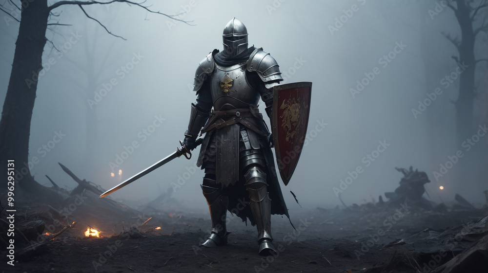 Obraz premium Battered Knight in Medieval Armor in a Foggy Forest