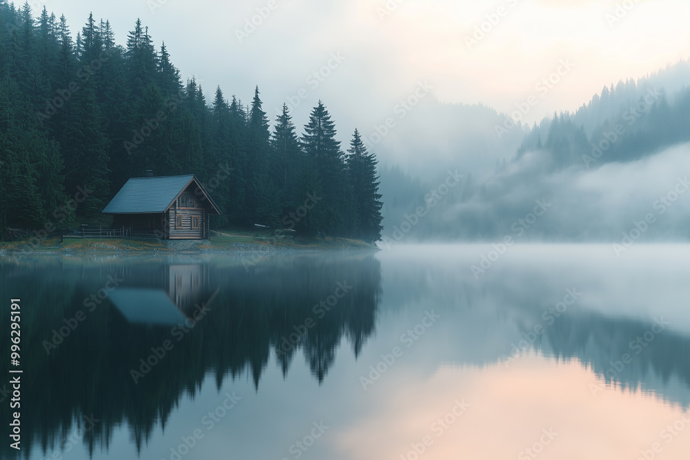 Fototapeta premium Tranquil Retreat: Mountain Cabin by the Lake at Sunrise