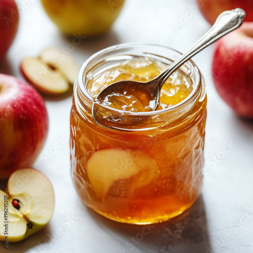 Homemade apple jam in jar with apple slices and fresh apples. photo