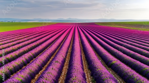 A vibrant lavender field stretches across the landscape, featuring rows of lush purple flowers under a soft sky.