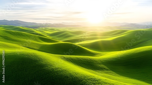 Lush green hills ripple under a bright sun, creating a serene landscape that invites tranquility and inspiration.