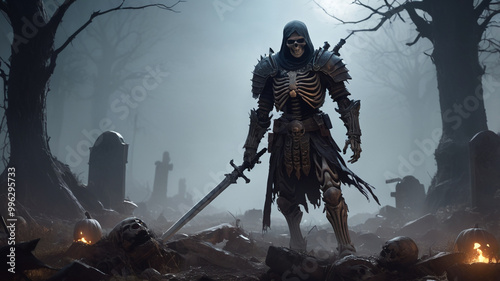 Ancient Warrior Skeleton Amidst Crumbling Ruins