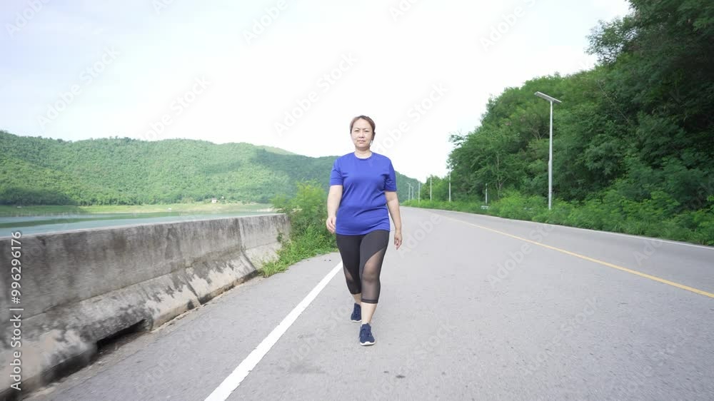 A front view of a middle-aged, overweight Asian woman walking for exercise on a scenic road by a reservoir, aiming for better health and weight loss A front view of a middle-aged, overweight Asian woman walking for exercise on a scenic road by a reservoir, aiming for better health and weight loss