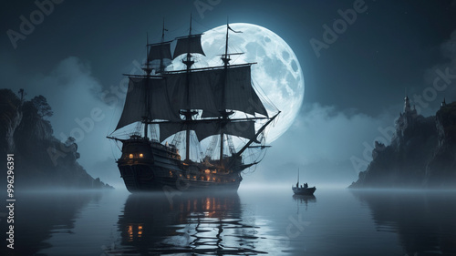 Ethereal Ship with Glowing Sails Under the Moonlight photo