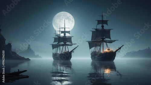 Ethereal Ships with Glowing Sails Under Full Moon photo