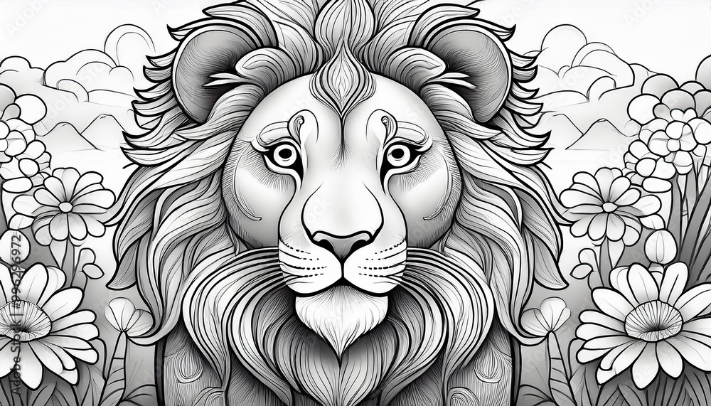 Majestic Lion in Stylized Floral Landscape Majestic Lion in Stylized Floral Landscape