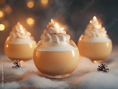 Eggnog served in clear globes with frothy whipped cream peaks photo