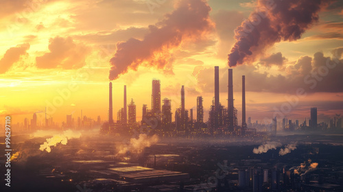 A futuristic industrial skyline with towering factories and smokestacks against vibrant sunset. scene captures essence of modern industry and environmental impact, evoking sense of awe and contemplati