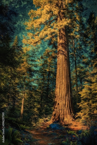 A towering redwood tree stands tall in a lush forest, its bark a textured tapestry of time. photo