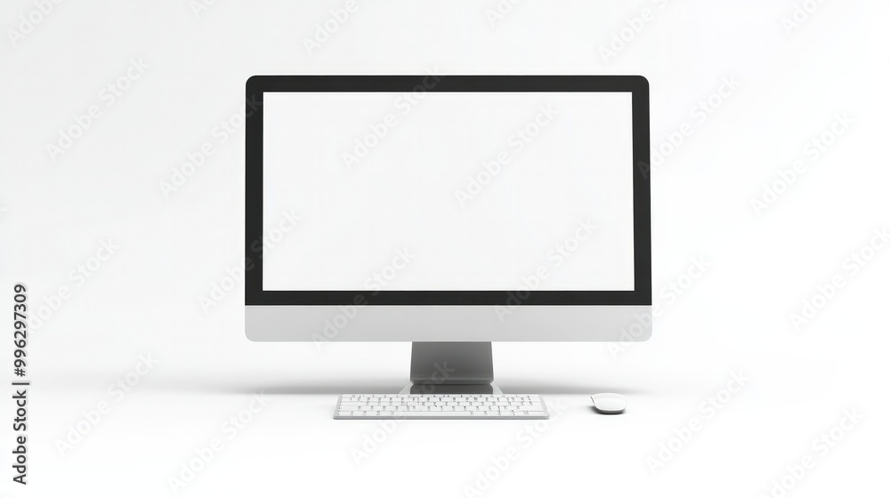 A sleek desktop computer with a blank white screen, isolated on a white background, perfect for tech presentations or web design concepts. A sleek desktop computer with a blank white screen, isolated on a white background, perfect for tech presentations or web design concepts.