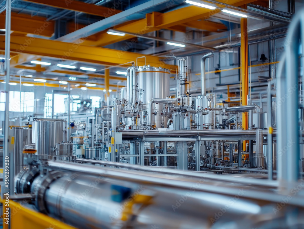 A modern industrial center featuring advanced equipment and machinery, showcasing complex network of pipes and tanks. vibrant yellow beams enhance contemporary atmosphere of this thriving facility A modern industrial center featuring advanced equipment and machinery, showcasing complex network of pipes and tanks. vibrant yellow beams enhance contemporary atmosphere of this thriving facility