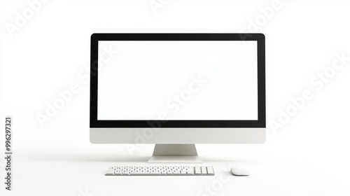 A sleek desktop computer with a blank white screen, isolated on a white background, perfect for tech presentations or web design concepts.