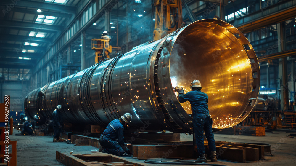 Workers at metal fabrication plant are engaged in welding large metallic structure, showcasing teamwork and precision in bustling industrial environment Workers at metal fabrication plant are engaged in welding large metallic structure, showcasing teamwork and precision in bustling industrial environment