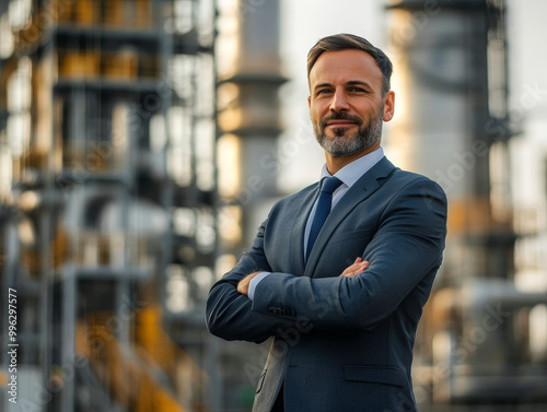 Successful business investor standing confidently in front of modern industrial structures, showcasing professionalism and determination in dynamic environment