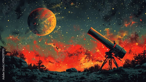 Space Search Science Poster. 1950s - 1960s Style Illustration. Telescope, Radiowaves