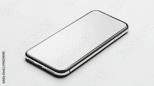 A smartphone with a white screen, lying flat on a white background, great for mobile UI mockups or tech presentations.