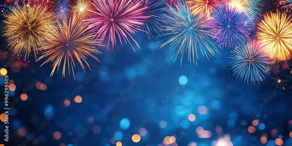 Vibrant Fireworks Display Against Dark Blue Sky Vibrant Fireworks Display Against Dark Blue Sky