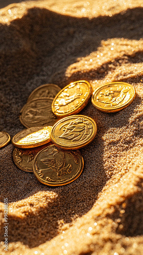 Ancient gold coins buried in sand, glistening under sunlight, evoke sense of mystery and treasure hunting. Their intricate designs tell stories of past photo