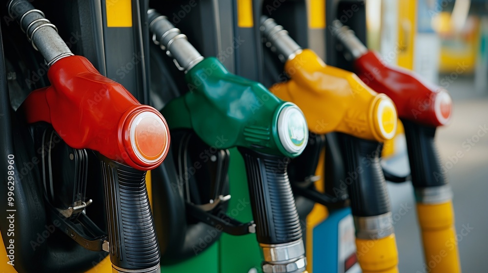 Fuel crane gaz equipment filling guns at the gas station. Colorfull fuel gasoline dispenser background. Fuel pumps station close up, copy space. Horizontal banner, poster Fuel crane gaz equipment filling guns at the gas station. Colorfull fuel gasoline dispenser background. Fuel pumps station close up, copy space. Horizontal banner, poster