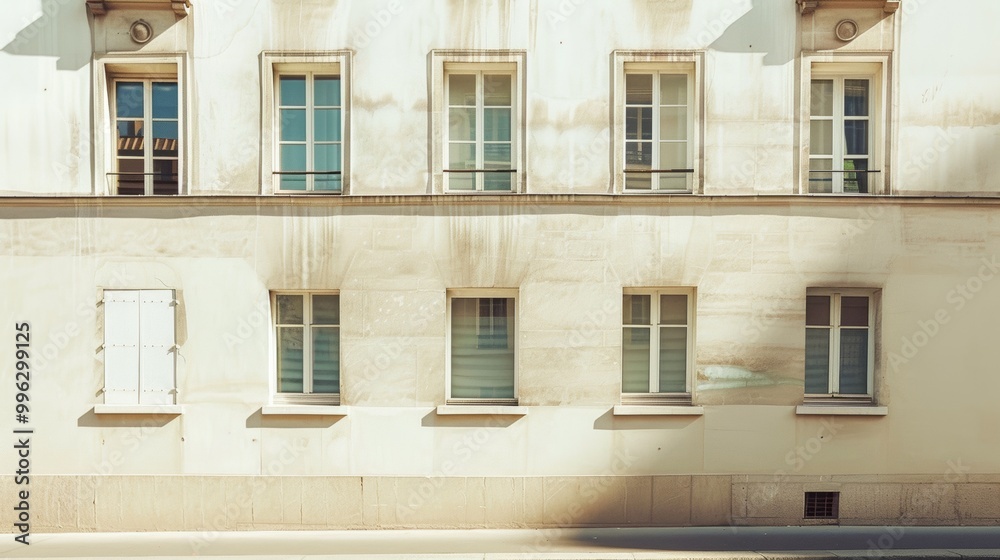 Obraz premium Modern Parisian building, minimalist facade, facing a wall with windows and doors, warm sunlight, tranquil urban setting, no people around.