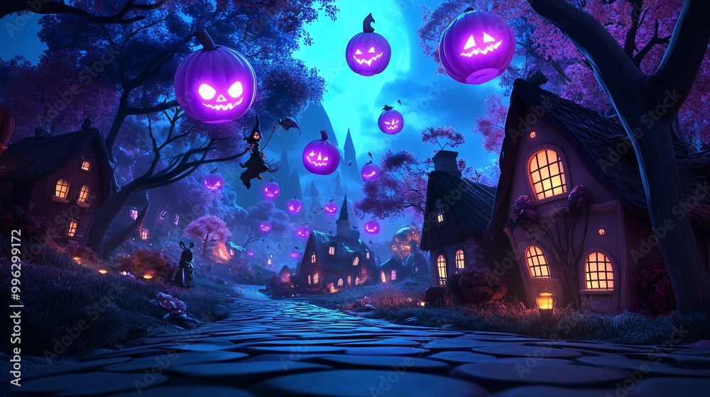 Fototapeta premium Enchanted Halloween Village Under a Night Sky