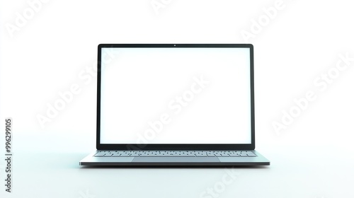 A thin laptop with a white screen on a white background, showcasing minimalist technology and sleek design.