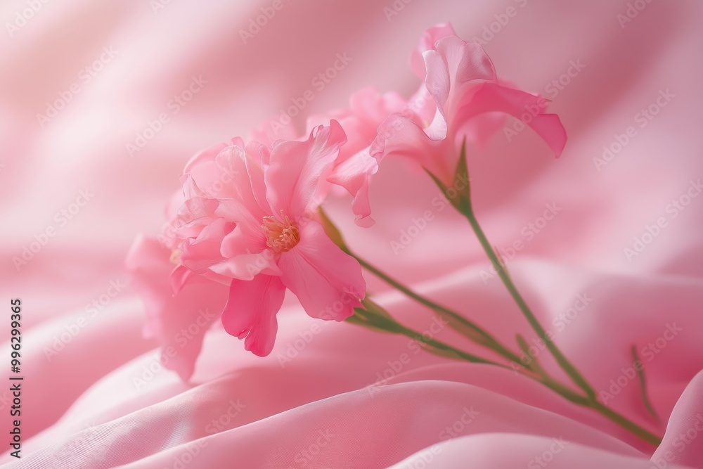 Soft and elegant pink flowers delicately resting on smooth, silky pink fabric, creating a serene and romantic vibe. Soft and elegant pink flowers delicately resting on smooth, silky pink fabric, creating a serene and romantic vibe.