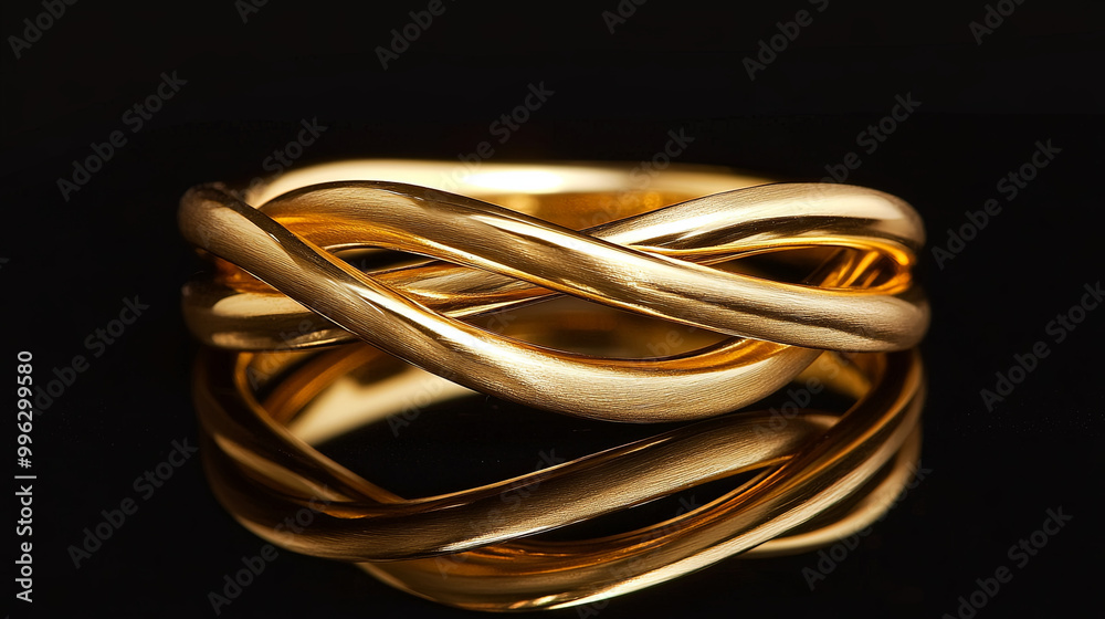 Intertwined gold wedding rings symbolize unity and love, reflecting elegance and commitment. Their shiny surface and intricate design create stunning visual impact