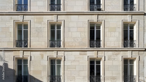 Modern Parisian building, minimalist facade, full wall with windows and doors, sunny afternoon light, tranquil urban scene, no people around.