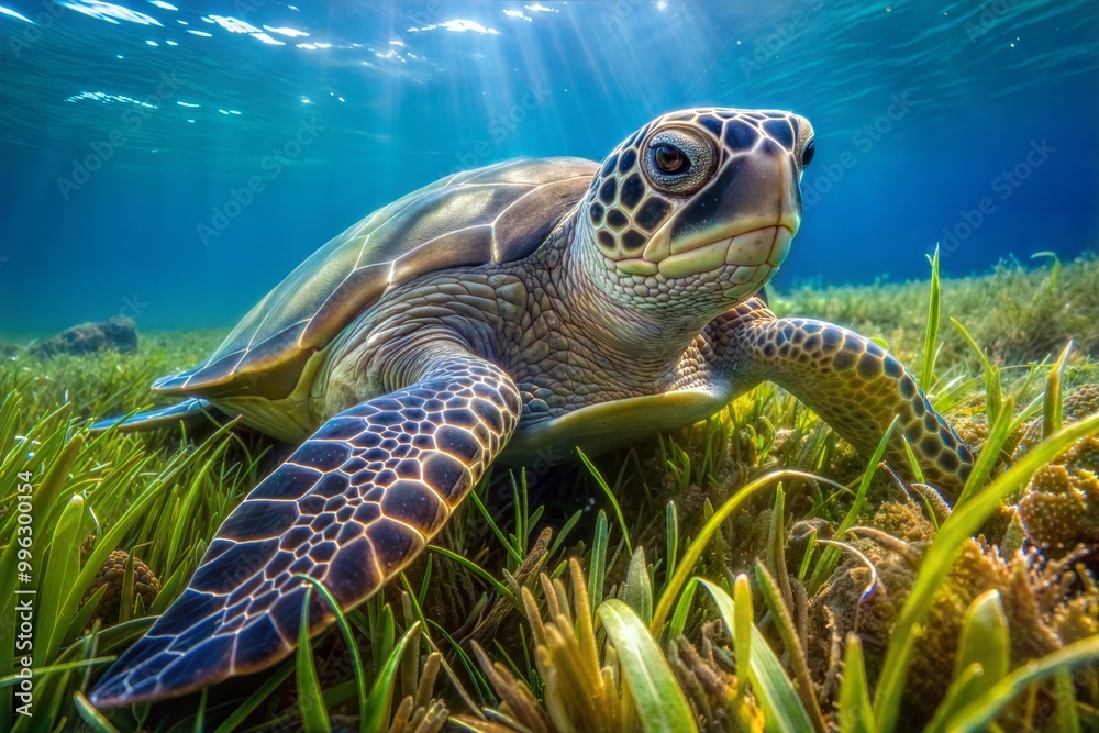 Fototapeta premium Green sea turtle swimming through coral reef with sunlight
