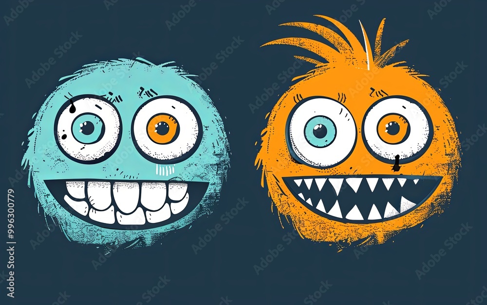 Fototapeta premium Two cartoon monsters with big eyes and big smiles full of teeth. Imitation of a painted picture. Illustration for banner, poster, cover, brochure or presentation.
