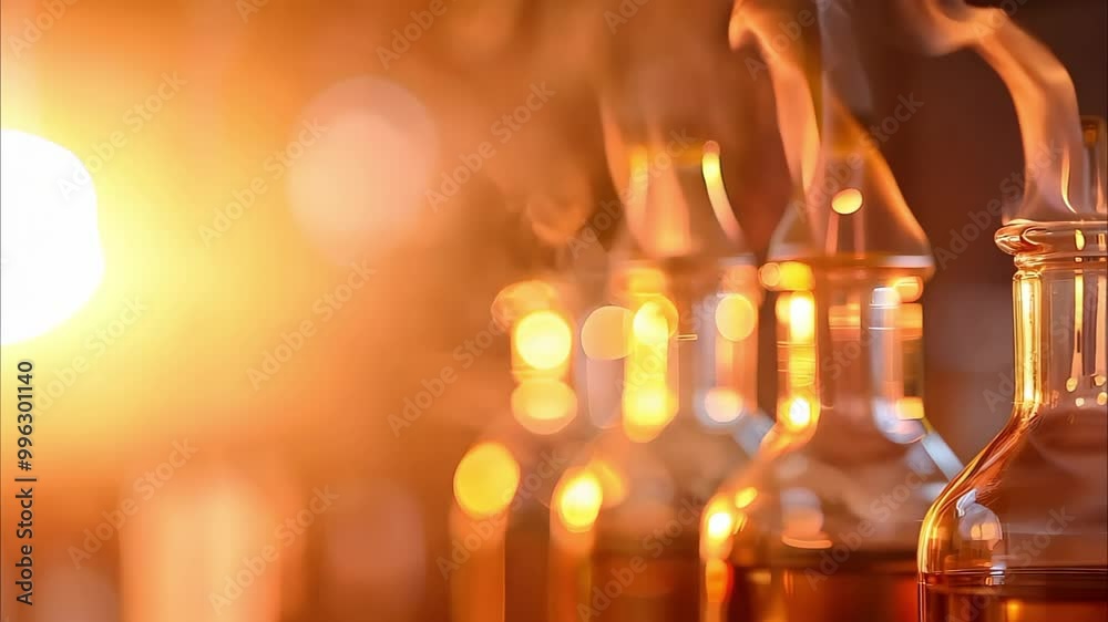 A row of glass bottles filled with a liquid, emitting steam or vapor against a softly glowing background. A row of glass bottles filled with a liquid, emitting steam or vapor against a softly glowing background.