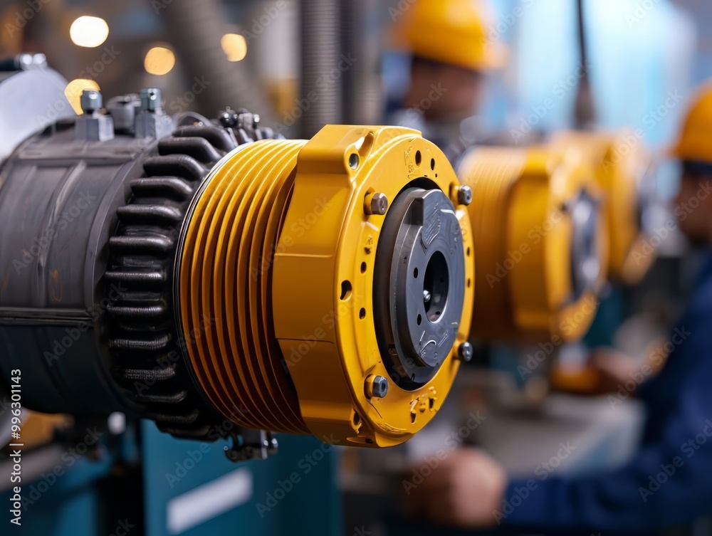 Close-up of industrial machinery with a focus on a yellow component, showcasing precision engineering and manufacturing processes. Close-up of industrial machinery with a focus on a yellow component, showcasing precision engineering and manufacturing processes.