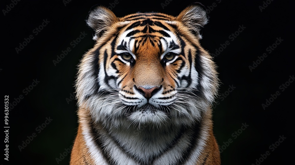 Fototapeta premium A close-up of a tiger's face looking into the camera. An animal in its natural habitat. A wild striped cat. Illustration for cover, interior design, banner, brochure.