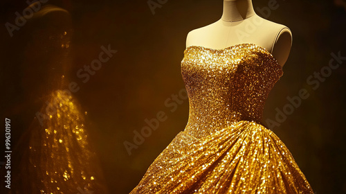 shimmering gold dress adorned with sparkling sequins, elegantly draped on mannequin, creates stunning visual display. rich texture and vibrant color evoke sense of luxury and glamour