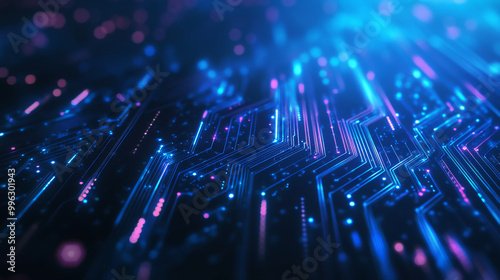 Abstract digital background with circuit line elements in a technology blue hue, featuring a circuit board design. This vector illustration highlights a tech network backdrop, combining futuristic tec photo